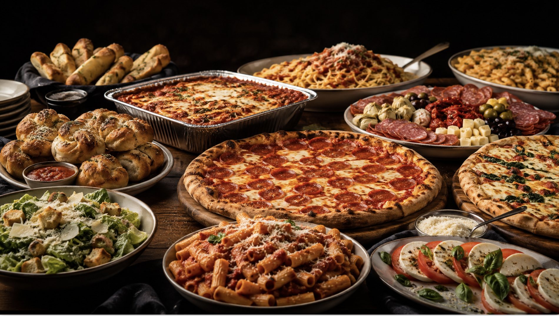 A catering spread of pizzas, baked ziti, lasagna, garlic knots, antipasto and salads