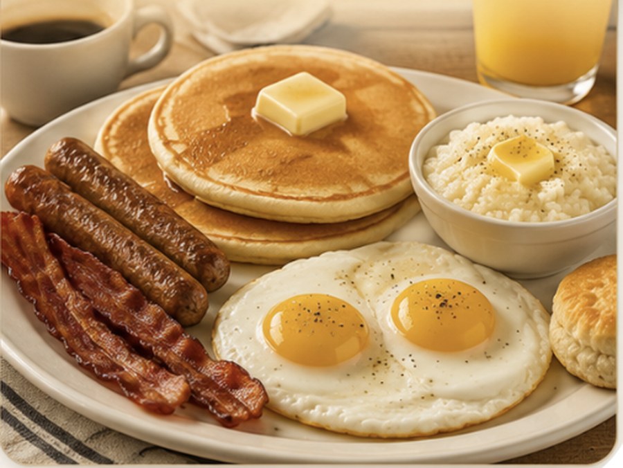 The He-Man Special: eggs, pancakes, bacon, sausage, grits and a biscuit