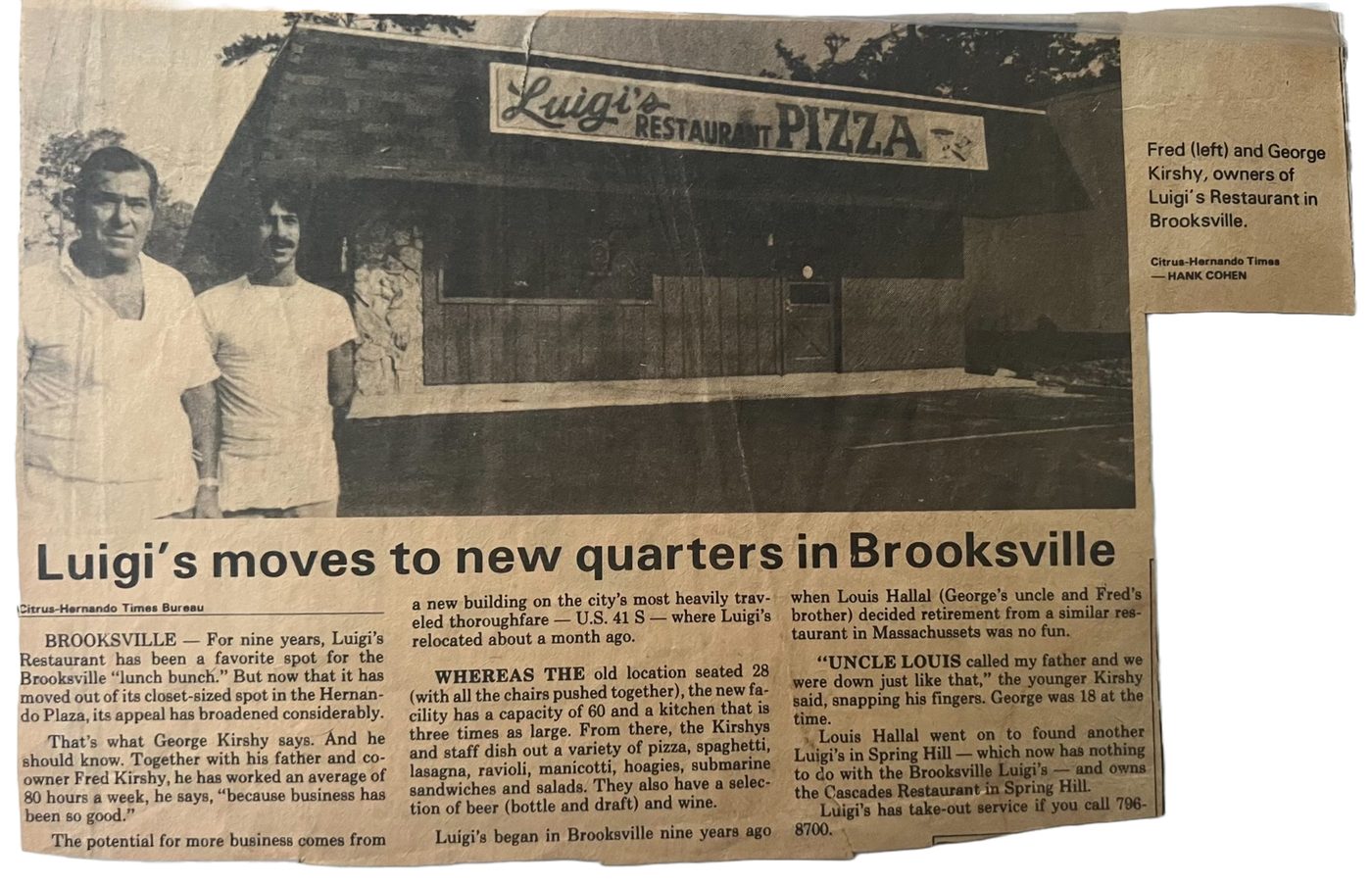 Newspaper clipping headlined Luigi's moves to new quarters in Brooksville, Citrus-Hernando Times, 1979